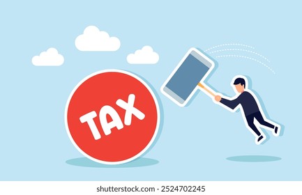 A businessman with a large hammer is attempting to strike a ball labeled TAX, an illustration of the effort to pay or settle business tax bills.