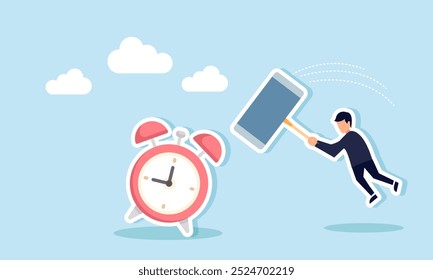 A businessman with a large hammer is trying to hit an alarm clock, an illustration of the completion of a business project that has exceeded the deadline.