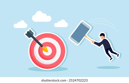 A businessman with a large hammer is trying to hit a target board, an illustration of the completion of planned business goals.