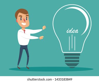 Businessman with a large light bulb as a symbol of new ideas. An employee found the idea and touched it . Business concept