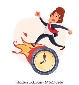 The businessman is late to complete his task on time. Deadline. The businessman runs by clock. Time is burning.