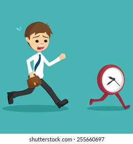 Businessman Late Go To Work And Running With Clock Or Time