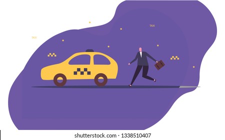 Businessman, late passengers hurry to get a car, wave or call for taxicab with great haste. Vector flat style cartoon illustration