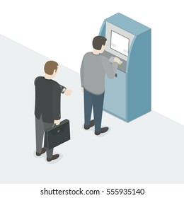Businessman is late and watching the clock. Man waiting in line to ATM. Isometric vector illustration.
