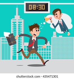 Businessman Late for Work. Angry Boss Screaming in Megaphone. Vector illustration