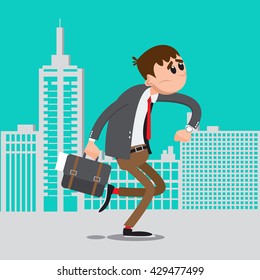 Businessman Late for Work. Man Hurry to Office. Vector illustration