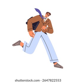 Businessman is late to work, running. Employee in suit looks at watches and hurry up. Office worker with briefcase is rushing. Time management. Flat isolated vector illustration on white background