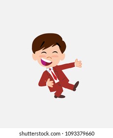 Businessman laughing while teaching something to his left.