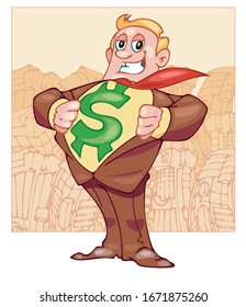 Businessman laughs and showing with a dollar sign on a t-shirt. Front view. Color vector flat cartoon illustration. Pop art retro style