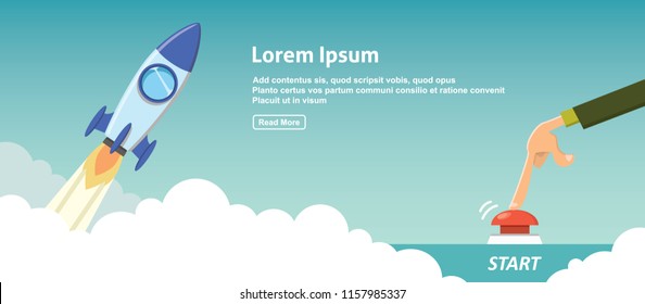 businessman launch a rocket to the space. successful new business project startup company concept banner flat vector illustration