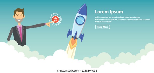 businessman launch a rocket to the space. successful new business project startup company concept banner flat vector illustration