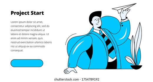 A businessman launches a paper airplane. A conceptual illustration on the topic of a startup. Template for a horizontal banner.