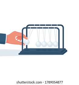 Empresario lanza bolas de péndulo. Concepto de inicio. La cuna de Newton. Esfera colgada en hilos. Diseño plano de ilustración vectorial. Aislado sobre fondo blanco.