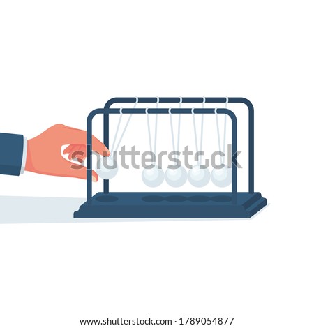 Businessman launches pendulum balls. Start-up concept. Newton's cradle. Sphere hanging on threads. Vector illustration flat design. Isolated on white background.