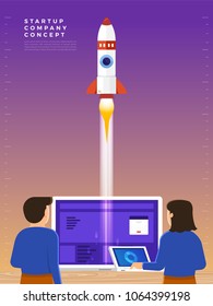 Businessman launches rocket into the sky, employee performs the start-up of the spacecraft. Business startup concept. Vector illustrations.