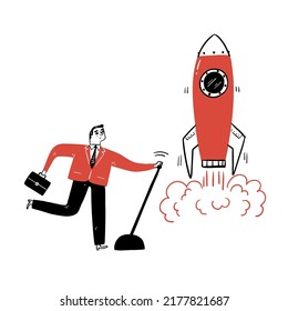 Businessman launches rocket into the sky, employee performs the start-up of the spacecraft. Business startup concept, Hand drawn vector illustration doodle style.