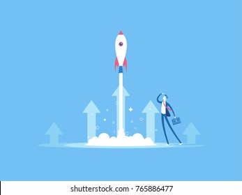 Businessman launches rocket into the sky. Business startup concept vector flat illustration. Employee oversees the takeoff of a spaceship