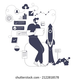 Businessman launches startup business, analyzes data, creates strategy, invests money. Man sets and completes tasks, achieves career goals. Vector graphic illustration isolated with character design