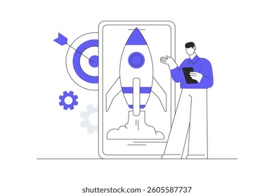 Businessman launches startup business project, successful strategy, Business development, Entrepreneurship, Innovation product, creative idea, Teamwork, startup. Flat Cartoon Vector Illustration web