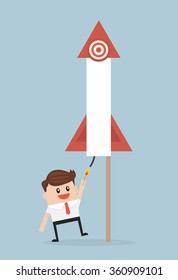 Businessman launching firework rocket.