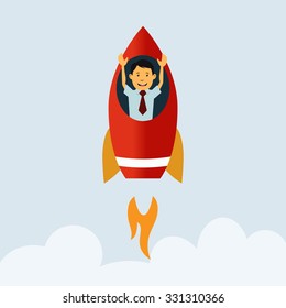 Businessman with launching rocket.