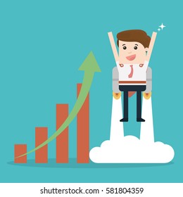 Businessman with launching rocket and growing chart. The growth of the economy. Investments up.