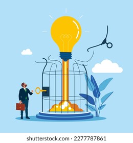 Businessman launching rocket lightbulb idea to breaking birdcage. Unlock business idea. Modern vector illustration in flat style
