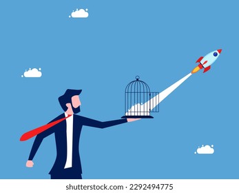 Businessman launching a rocket out of a cage. Emancipation of business and freedom