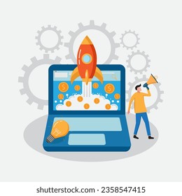 Businessman launching rocket towards big profit target. vector illustration.