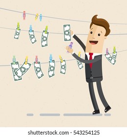 Businessman laundering money. Businessman hangs money on clothespins. Money dries on a rope. Vector illustration flat