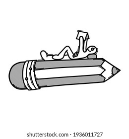 Businessman lay down on the pencil. Doodle vector icon. Drawing sketch illustration hand drawn cartoon line.