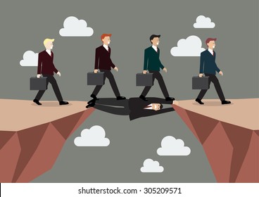 Businessman is laying down across the cliff so the others can happily walk on his body to move on. Business concept