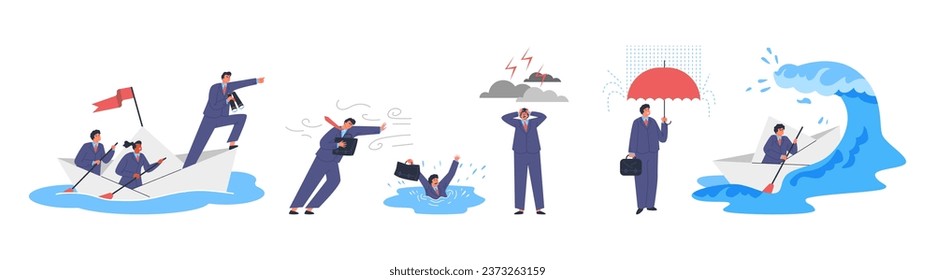 Businessman lead business in financial crisis to success. Business mistake, risk management, unprotected in the crisis storm. Success and wrong strategy. Vector flat isolated set illustrations