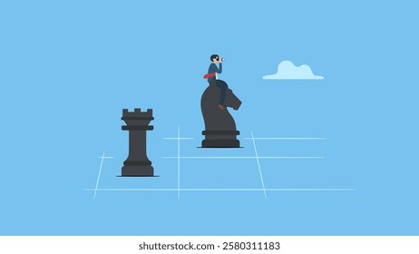 Businessman leader above chess pieces with binoculars to look ahead to see success strategy, plan ahead to win business competition, leadership vision or looking for opportunity, competitor analysis.