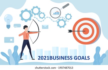 Businessman leader archer aiming shooting at a target 2021 year. Business achievement focus consept successful. Vector illustration isolated banner poster