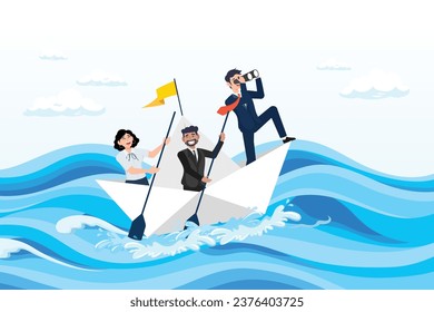 Businessman leader with binoculars lead business team sailing origami ship, leadership to lead business in crisis, teamwork, support to achieve target, vision or forward strategy for success (Vector)