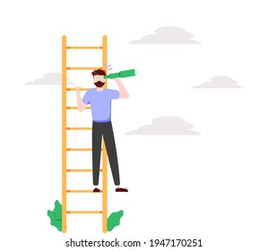 Businessman leader climb stair to peak with telescope for look around and far away.Flat cartoon style isolated on white background