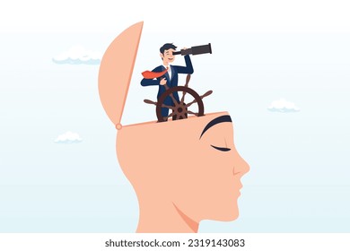 Businessman leader control steering wheel helm on his head, self control or leadership thinking for business decision or guidance to the right direction, motivation, mindset or consciousness (Vector)