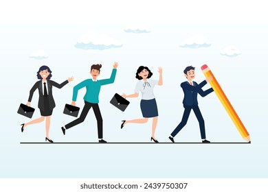 Businessman leader draw line for employees to follow, leadership to find team direction, guidance or solution to follow, manager create strategy or way to achieve success, leading to win (Vector)