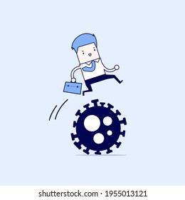 Businessman leader easily jump over COVID-19 Corona virus pathogen. Cartoon character thin line style vector.