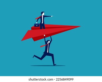 Businessman leader holding a paper airplane. Encourage business organizations to succeed. Business and investment concept. vector illustration