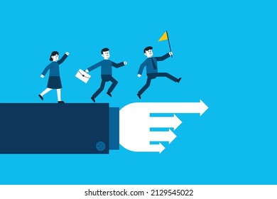 businessman leader holding winner flag running lead business people on pointing finger. Leadership to lead team members, business direction to achieve goal or target, teamwork to success in work.