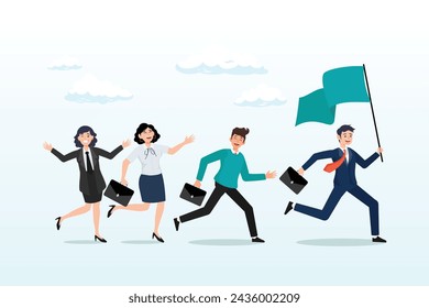 Businessman leader holding winner flag leading to success, leader determination to lead team to success, motivation to win together, direction forward for future success, victory or triumph (Vector)