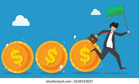 Businessman leader or investor holding flag control flow of money Dollar coins ,Cash flow, investment fund flow, fundraising,, Profit concept bank loan or financial activity to making money.