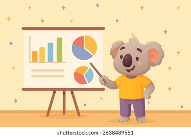 businessman leader koala present workflow and procedure on board outlining steps to finish project