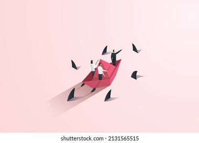Businessman leader leads a team through a crisis. on a paper boat at sea with dangerous sharks A symbol of overcoming obstacles and challenges.  isometric vector illustration.
