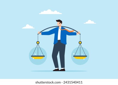 Businessman leader lifts balanced ethical scale. Concept of social responsibility, integrity to earn trust, balance and justice in leadership, principles and business ethics to do right things