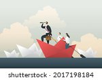 Businessman Leader looking through a telescope by two business people stands with a paddle floating on a paper boat on the sea.  illustration Vector