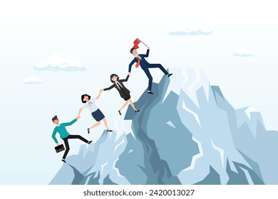 Businessman leader manager help colleagues to reach mountain top, teamwork to help success together, leadership to lead team to achieve goal or target, cooperation or support to help employee (Vector)