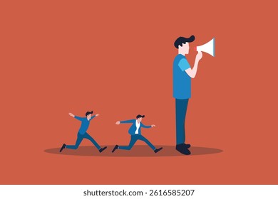 Businessman leader megaphone pointing team direction. concept of Leadership, success strategy, lead team to achieve goal, inspiration or motivate employee